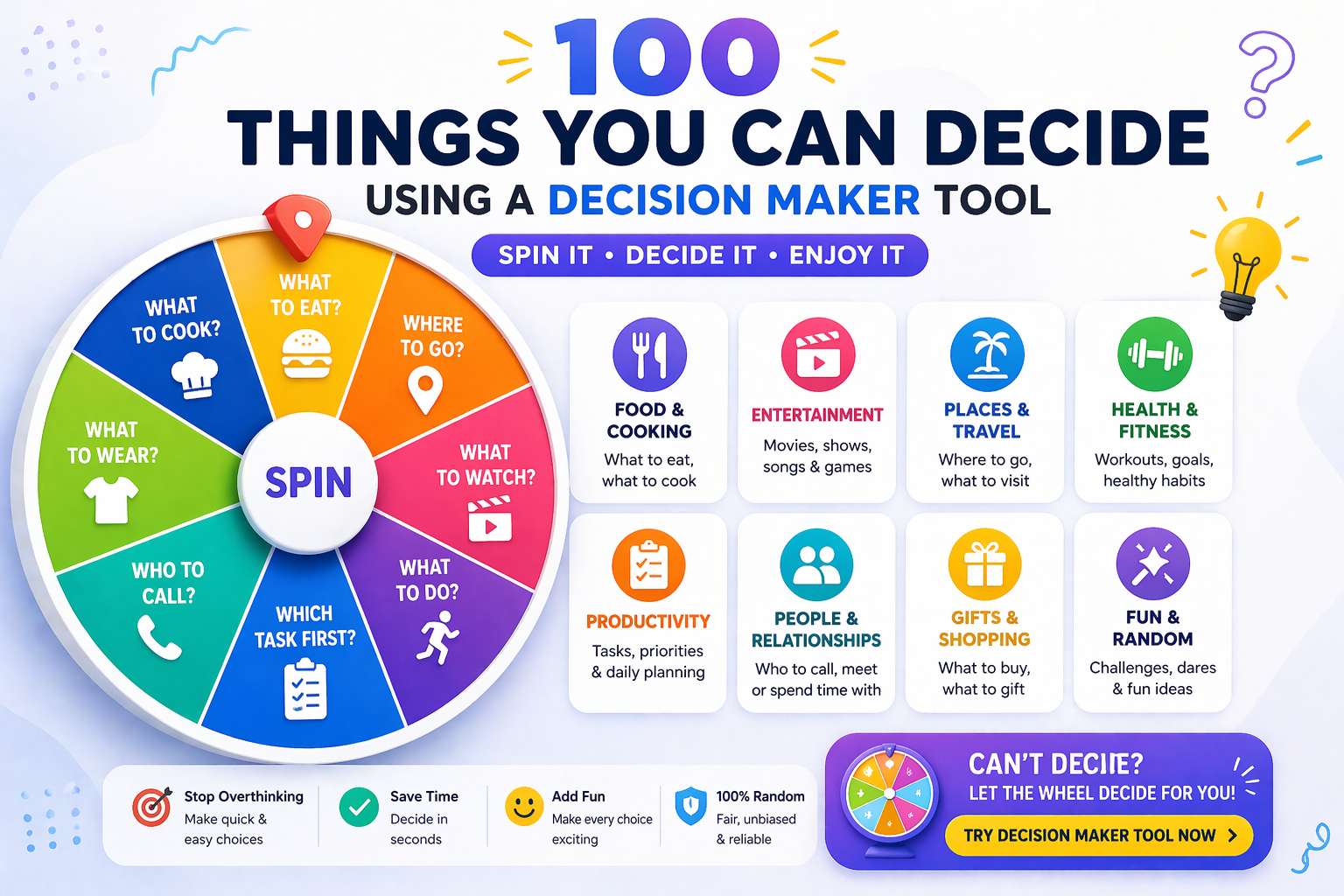 100 things to decide using decision maker wheel