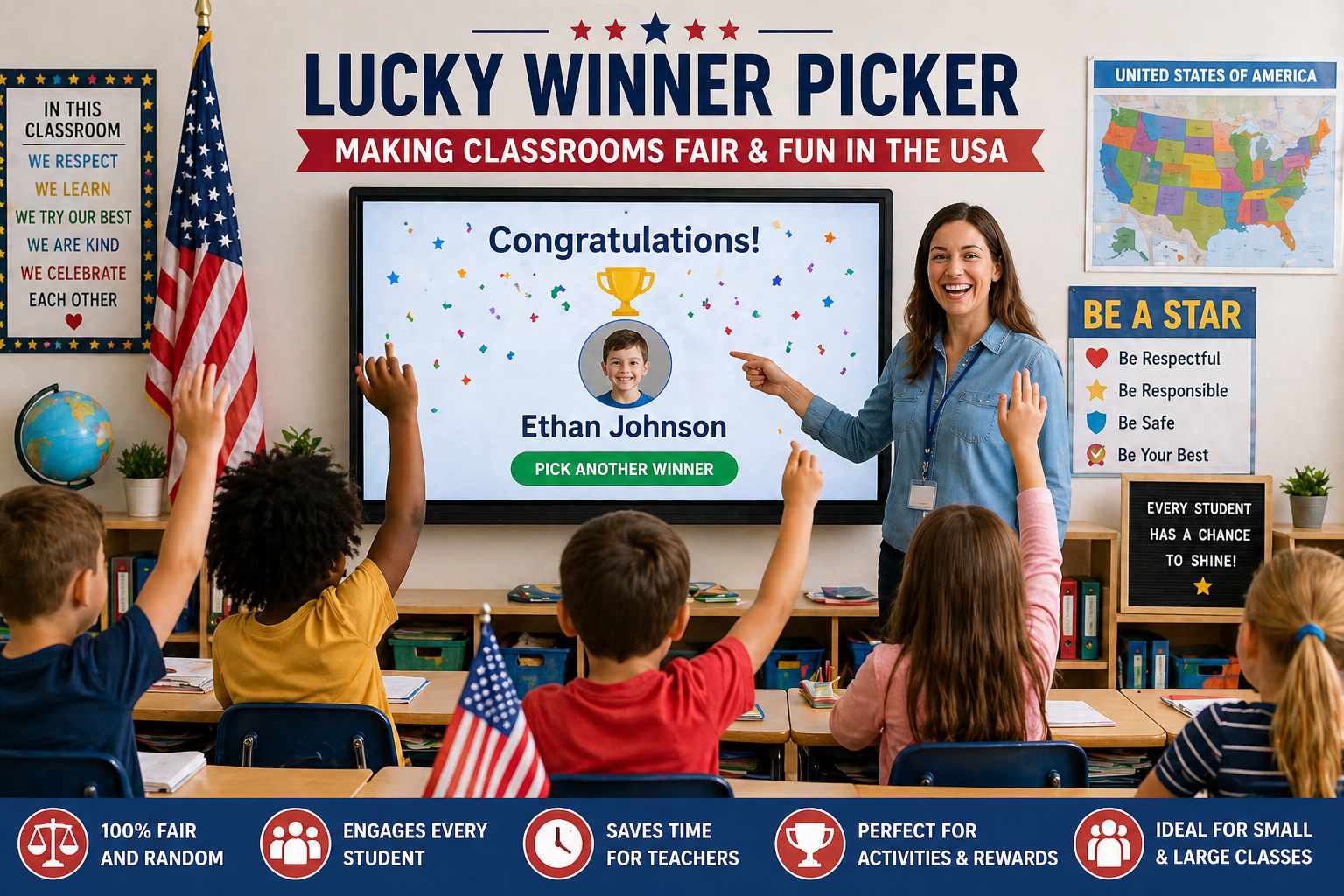 teacher using random student picker in classroom for fair participation