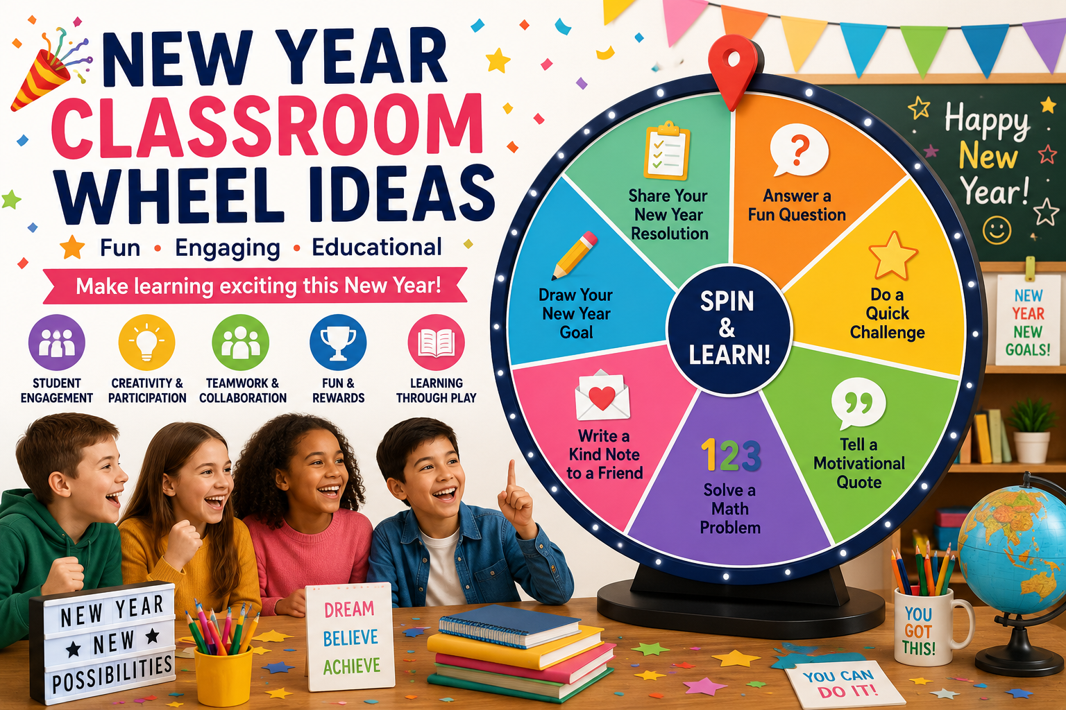 New Year classroom wheel ideas for students with fun educational activities and games