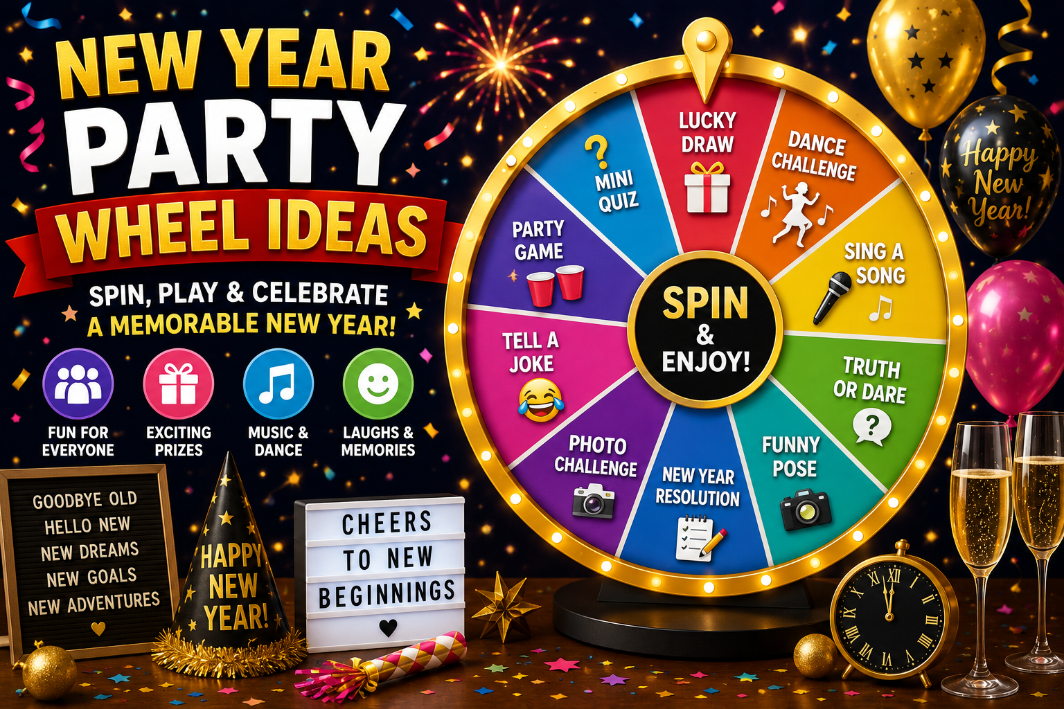 New Year party wheel ideas with fun games, challenges, lucky draws, music activities, and celebration spinner