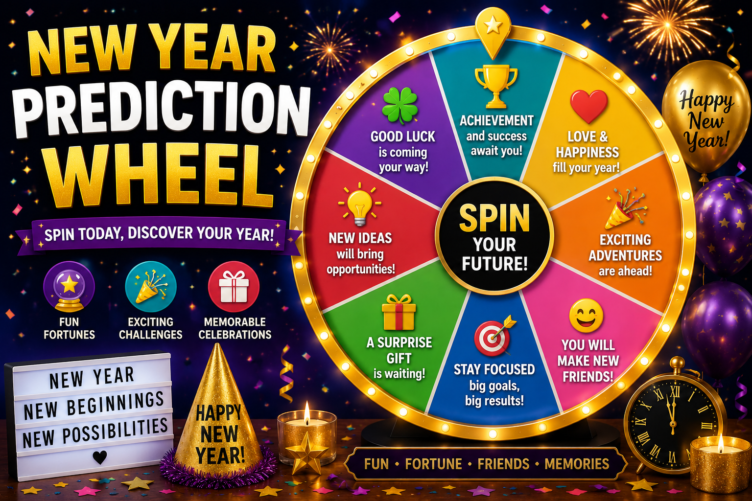 New Year Prediction Wheel with fortune spins and party challenges