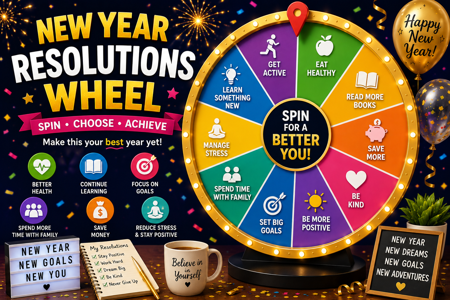 New Year Resolutions Wheel with goals, motivation, and fun interactive ideas