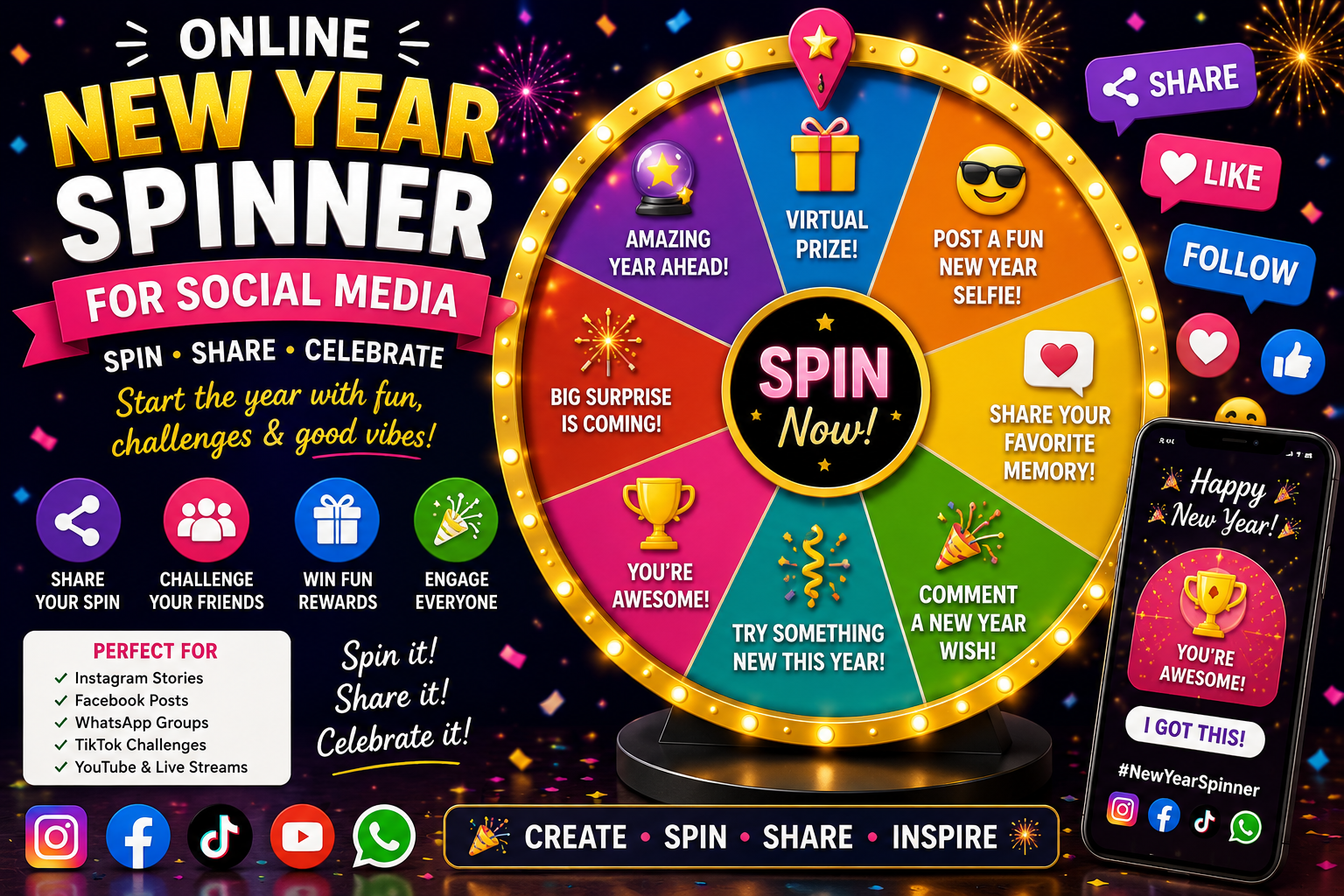 Online New Year Spinner for social media with fun shareable spins, challenges, and virtual celebration activities