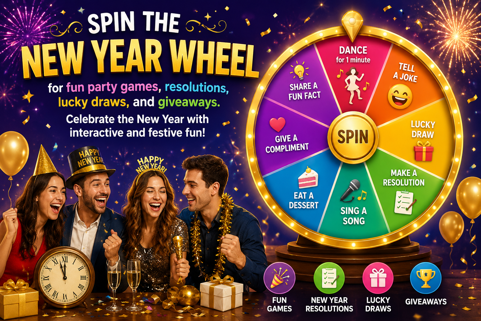 Spin the New Year Wheel for fun party games resolutions lucky draws and giveaways during New Year celebrations