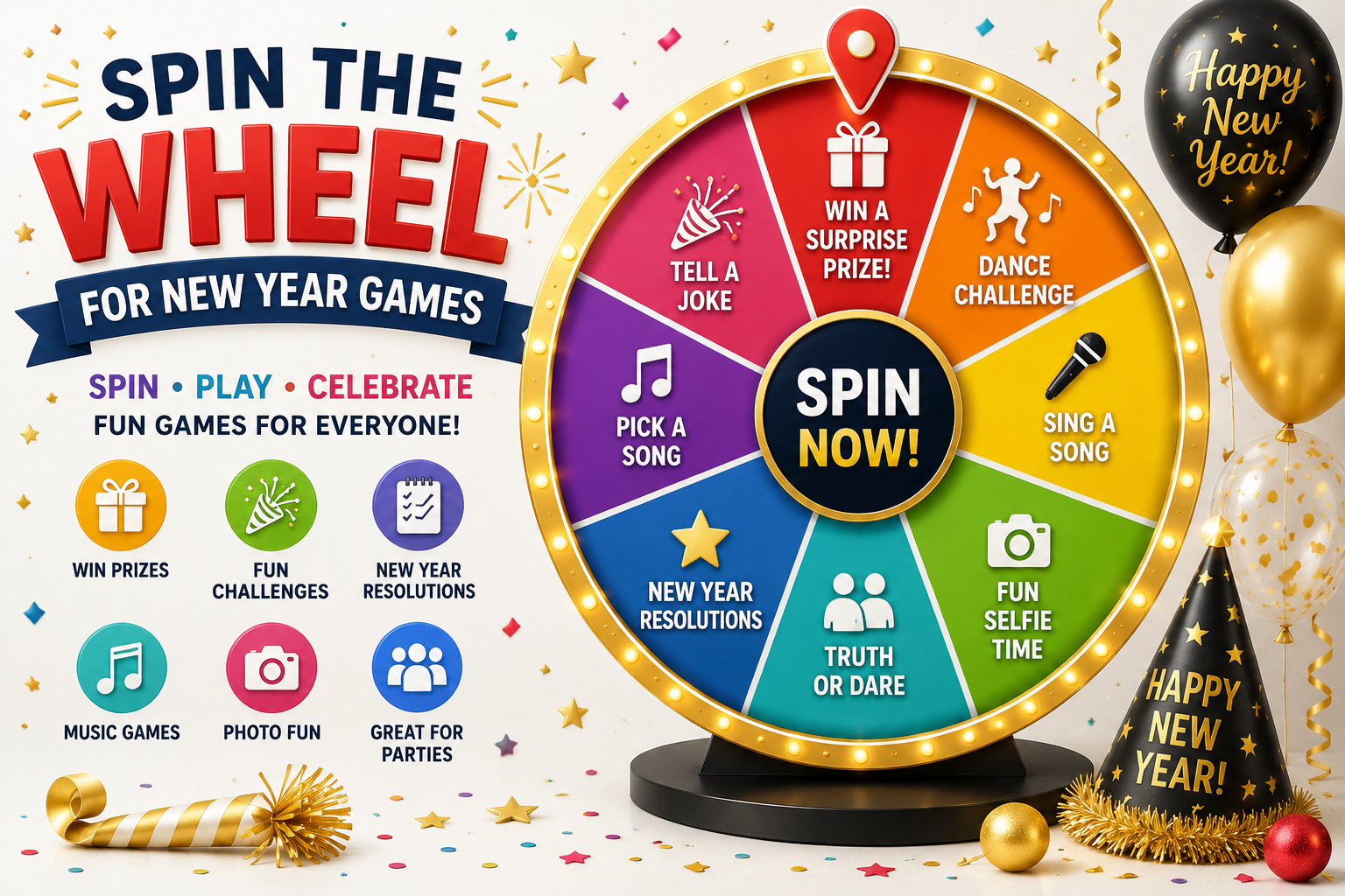 Spin the Wheel for New Year games with fun party challenges, prizes, music games, and celebration activities