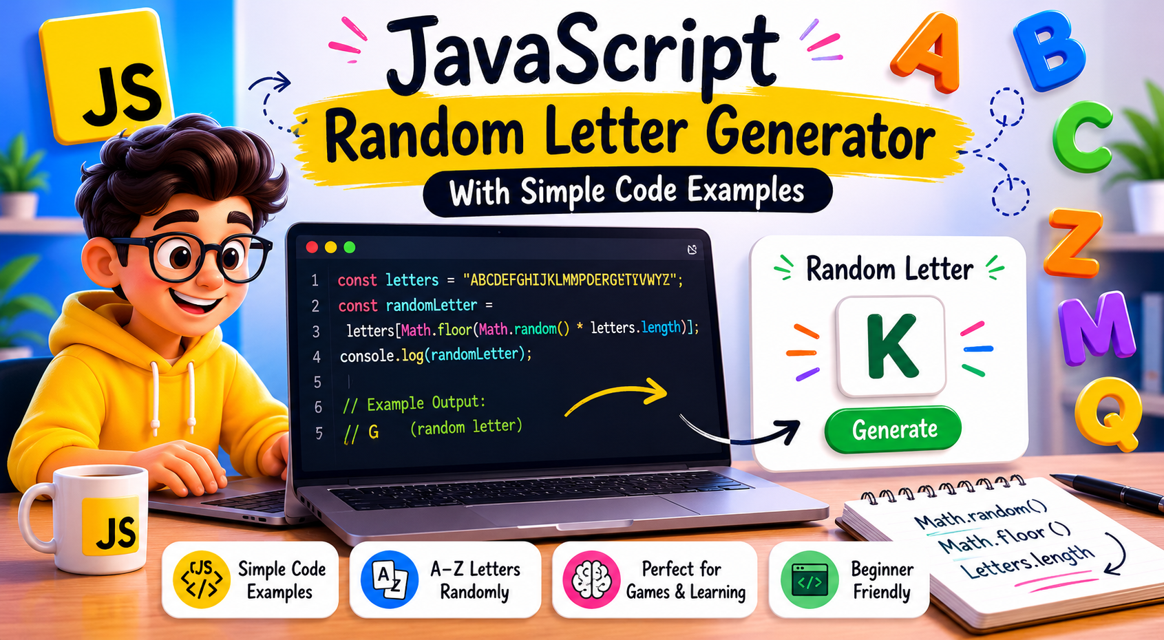 Generate random letters in JavaScript tutorial