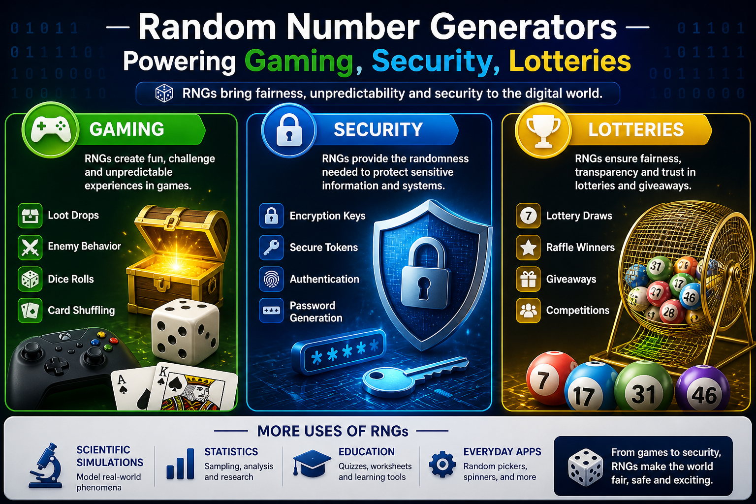 Random Number Generators – Gaming, Security, Lotteries.