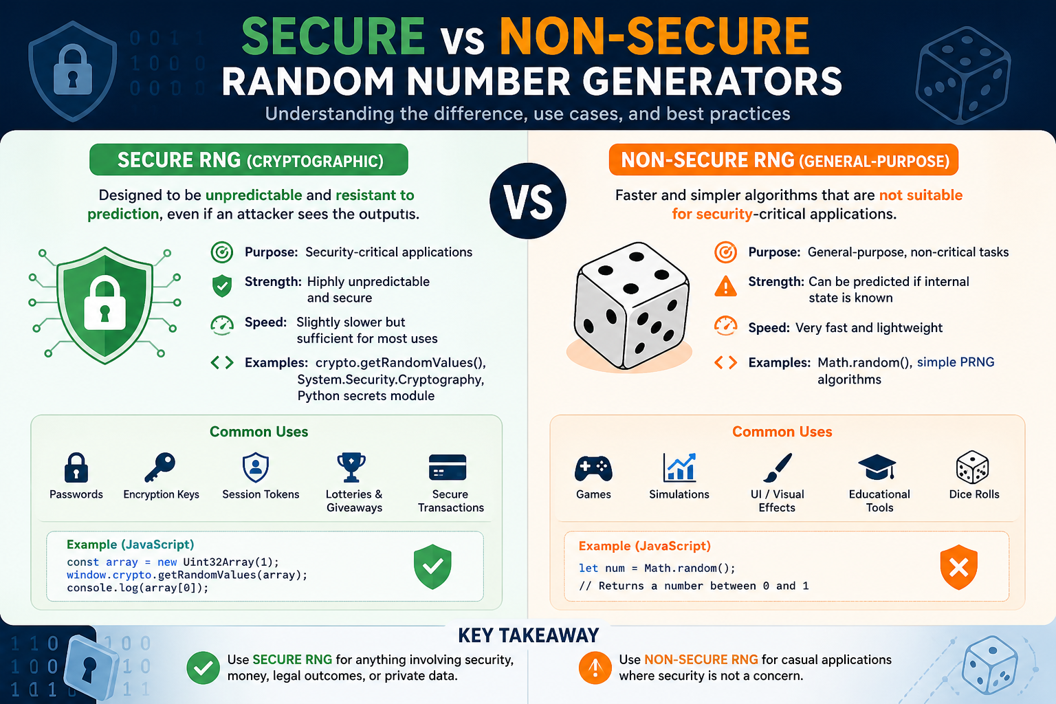 Understand the difference between secure and non-secure random number generators.