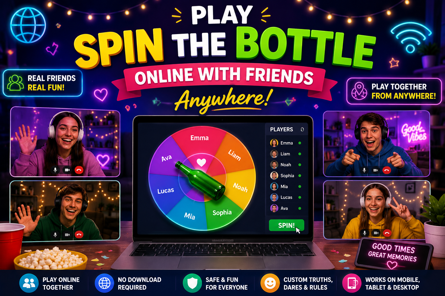Play Spin the Bottle online with friends anywhere using multiplayer rooms and virtual party games