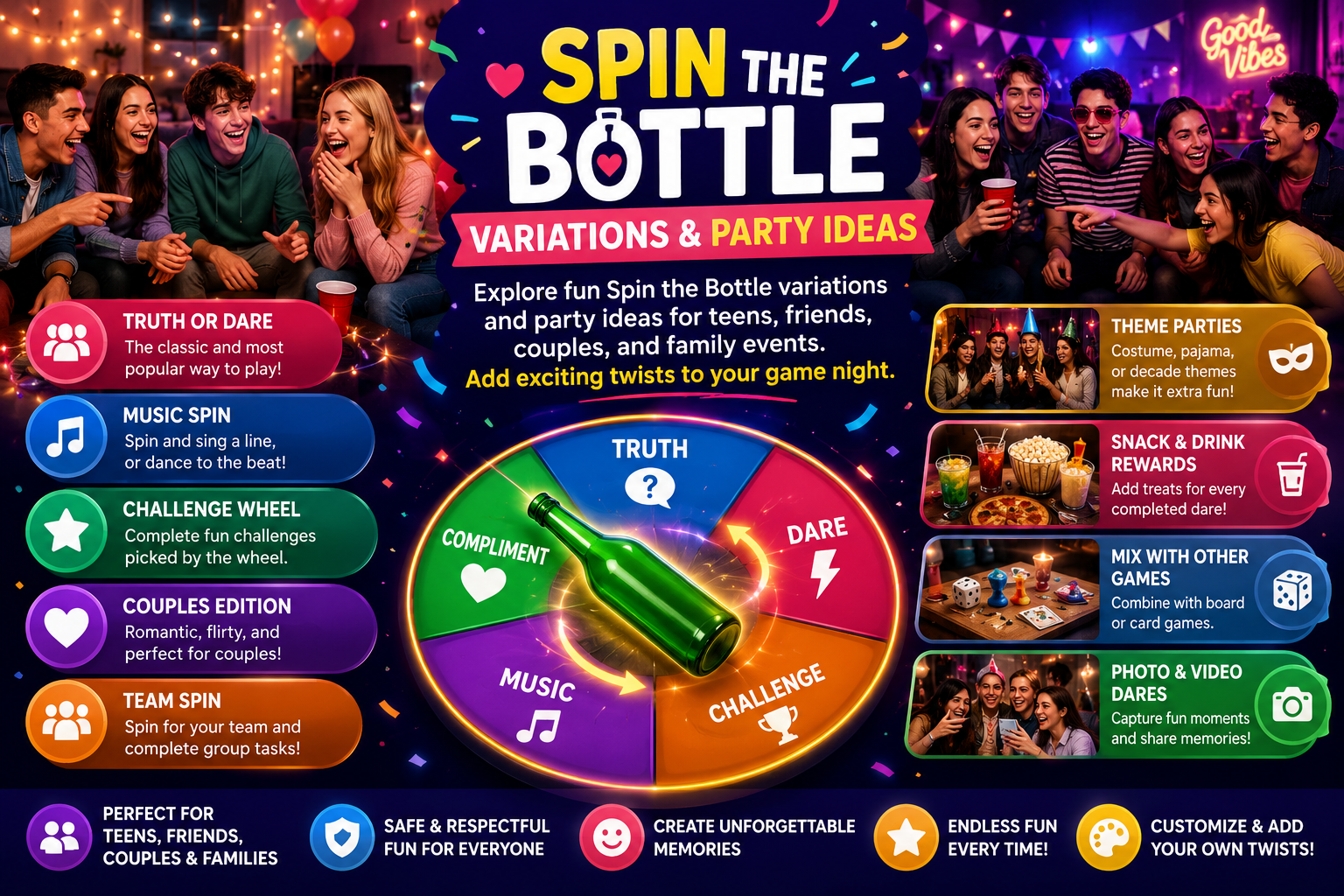 Spin the Bottle variations and fun party ideas for teens, friends, couples, and family game nights